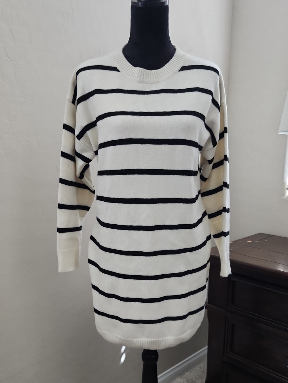 SHEIN Cream and Black Striped Long Sleeve Sweater Dress
